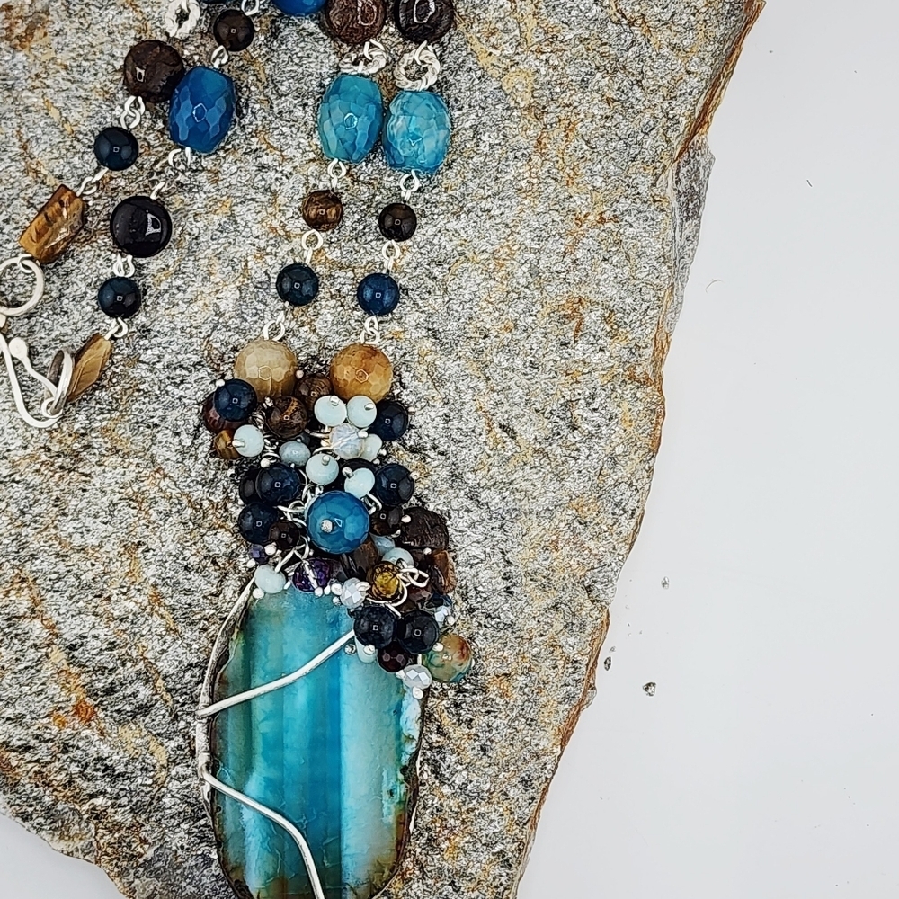 AGATE, AMAZONITE & TIGERS EYE GENUINE GEMSTONE NECKLACE HANDMADE STERLING SILVER - Picture 8 of 14
